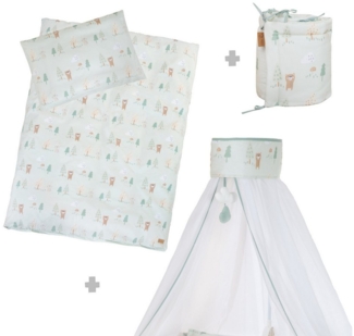 roba® Kinderbettwäsche 100 x 135 cm - Kinderbettgarnitur Woodland Buddies - Set für Babybett, 4 teilig, Betthimmel, Nestchen & Kinderbettwäsche - Tier Motiv - Pastellgrün