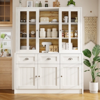 Flieks Küchenbuffet mit Schubladen und Glastüren (1-St, B140/T40/H175 cm) Hochschrank Küchenschrank Geschirrschrank mit verstellbare Ablagen