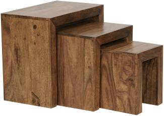 Kadima Design Satztisch Set: 3-teilig, Massivholz, platzsparend, handgefertigt, 45x50x30 cm, 37,5x37,5x28 cm, 30x25x25 cm. Braun