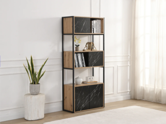 Vente-unique - Wohnwand mit 4 Türen & 2 Ablagen - MDF & Stahl - Marmor-Optik Schwarz & Holzfarben - YELANIA