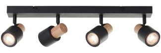 Brilliant Pini Spotbalken LED 4-flammig, dimmbar mit GU10-Fassungen, schwenkbare Köpfe, Schwarz / Helles Holz, 350 Lumen, 36° Abstrahlwinkel, für Wohnzimmer, Flur, Schlafzimmer