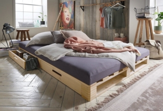 Palettenbett mit Schubkästen 140x200cm 'Finja' Kiefer massiv unbehandelt
