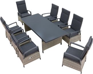 KONIFERA Garten-Essgruppe New Monaco, (Set, 17-tlg, 8x Sessel, 8x Auflagen, 1x Tisch), bestehend aus 8 Stühlen, 8 Sitzauflagen und 1 Tisch