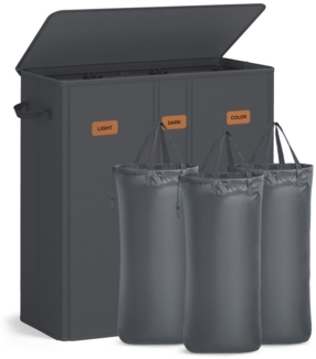 SONGMICS Wäschekorb mit 3 Fächern, 160 L, mit Deckel, 5 Etiketten, herausnehmbarer und waschbarer Innensack, Waschküche Schlafzimmer, dunkelgrau