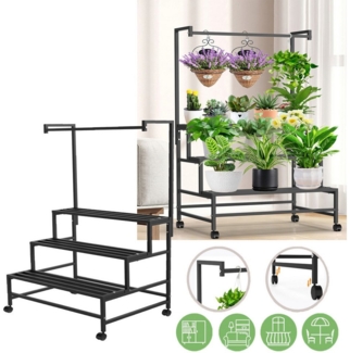 Jibenhome Leiterregal 3 Ebenen Pflanzenregal mit Rädern,Blumentopf-Organizer, Pflanzenständer mit Stahlrahmen für Garten, Balkon, Terrasse
