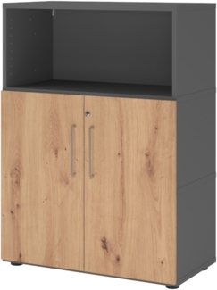 bümö flexi Aktenschrank abschließbar mit Flügeltüren & 1 Regalfach in Graphit/Asteiche, Büroschrank mit werkzeuglosem Schnellmontage-Klicksysten in modularer Bauweise, FW38T2KG-G-R-BS