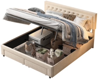 FUROKOY Polsterbett Boxspringbett Hydraulisches Doppelbett (Set, 1-tlg, 160x200 cm), mit Stauraum und 2 Schubladel,Samt,Beige