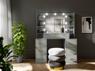 MOEBLO Schminktisch Syrius (Frisiertisch, Schminktisch, Kosmetiktisch, Spiegel, – Eleganz und Funktionalität für Ihr Zuhause goldene Griffe, Schminktisch mit LED, Spiegel und Schubladen), -(BxHxT):110x140x40 cm