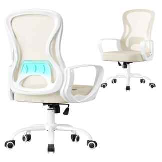 SONGMICS Bürostuhl ergonomisch, Drehstuhl mit Netzgewebe, Schreibtischstuhl mit Lendenstütze, Wippfunktion, Armlehnen, für Arbeitszimmer, Schlafzimmer, cappuccinobeige-wolkenweiß