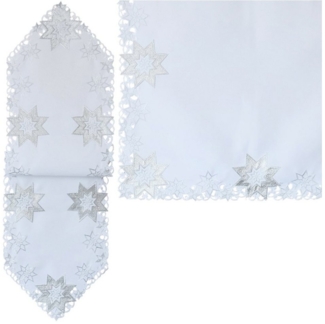 matches21 HOME & HOBBY Tischdecke Tischläufer MALIA Sterne Stick Weihnachten Polyester weiß 45x140 cm (1-tlg), Pflegeleicht & waschbar bei 30 °C