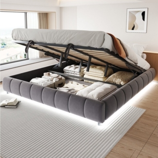 STILVORA Polsterbett 180x200 Doppelbett mit LED&Stauraum,Jugendbett mit Lattenrost,Grau (Hydraulisches, ohne Kopfteil, mit LED-Licht & Stauraum, für moderne Schlafzimmer & Jugendzimmer 180x200 cm), Ohne Matratze
