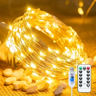 ABC Märchenhafte Lichterkette, 10 Meter lange Lichterkette mit 100 LEDs, USB-Anschluss, Fernbedienung und Timer, wasserdicht, 8 Modi, geeignet für Schlafzimmer, Kränze im Innenbereich, DIY-Projekte, Partys, Hochzeiten und Weihnachtsdekorationen