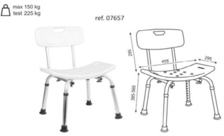 DUSCHSTUHL MIT RÜCKENLEHNE WEISS MAX. 150 KG HÖHENVERSTELLBAR 385-560 mm ANTI RUTSCH TÜV ZER.