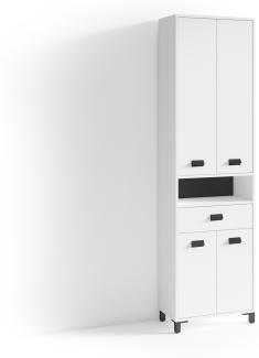 byLIVING Badezimmer-Hochschrank WELLNESS in Melamin weiß, Griffe aus Metall in schwarz / Badezimmerschrank 4 Türen mit offenen Elementen & viel Stauraum / B 54, H 193, T 31 cm