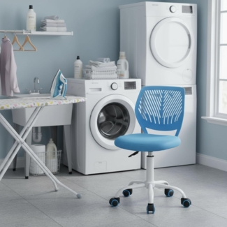 FurnitureR Bügelhocker ergonomisch, höhenverstellbar, ohne Armlehnen, Netzrückenlehne, Sitzfläche 38x40 cm, Rückenlehne 32cm, 130kg belastbar, Metallfuß mit Rollen, Blau