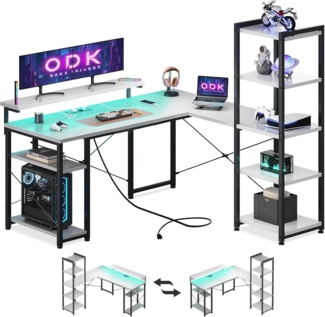 ODK Gamingtisch ODK L Form Gaming Tisch mit Regal, Steckdosen&USB, 135×140cm