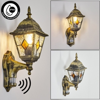 hofstein Außen-Wandleuchte Außenwandlampe mit Bewegungsmelder aus Metall/Glas, E27, IP44, Wandleuchte außen im Vintage/Antik-Design in Schwarz/Gold/Klar/Orange