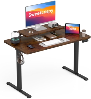 Sweetcrispy Höhenverstellbarer Schreibtisch mit Monitorständer, 120 x 60 cm Schreibtisch Höhenverstellbar Elektrisch, Ergonomischer Steh-Sitz Tisch, Computertisch Standing Desk, Vintagebraun