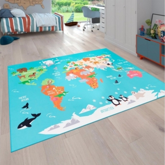Paco Home Kinderteppich Bino 564, rechteckig, Höhe: 4 mm, Kurzflor, Motiv Weltkarte, Kinderzimmer