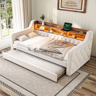 Platzsparendes Sofa-Bett, Aus Samt mit Stauraum, LED-Ambiente & USB-C-Anschluss, 12 Lattenroste & stabiler Metall-Holz-Rahmen, Beige, 90 x 190 cm