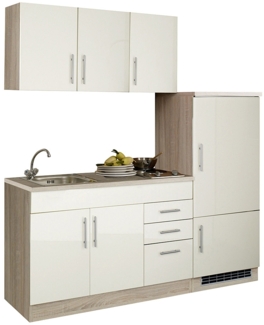 Single-Küchenzeile mit Kühlschrank 180 cm TERAMO-03 Hochglanz Creme/Eiche-Sonoma B x H x T ca. 180 x 200 x 60 cm