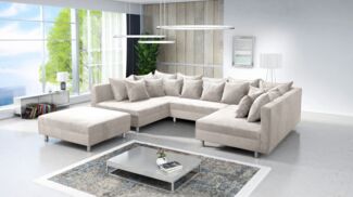 Wohnlandschaft Sofa Couch Ecksofa Eckcouch in Cordstoff beige Minsk XXL + Hocker