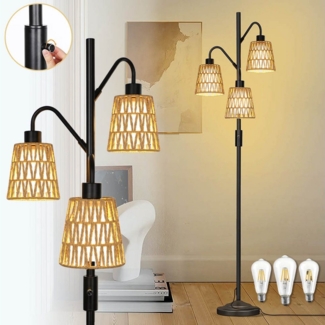 LMaxhome LED Stehlampe Boho 175CM Dimmbar Stehlampe Rattan Vintage Stehleuchte Lampenschirm, Dimmbare, LED fest integriert, Stabiles Metallmaterial und schwerer Sockel, 2700K Warmweißes Licht, mit 3-Glühbirnen-E27, 12W Lese Lampen für Schlafzimmer Büro...