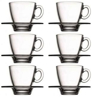 Pasabahce Aqua Service Kaffeetassen mit Teller, Glas, Transparent, 6 Stück 12 Teilig