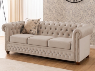 S-Style Möbel Chesterfield-Sofa 3-Sitzer Cleo Blink aus Samt mit Kristallsteppung und Massivholzfüßen, mit Wellenfederung