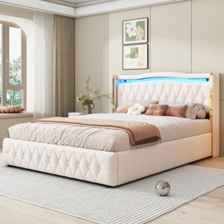 Polsterbett 160x200 mit LED-Beleuchtung & Stauraum, Samt Bett mit hydraulischem Liftsystem, Doppelbett,Beige,inklusive Taschenfederkern