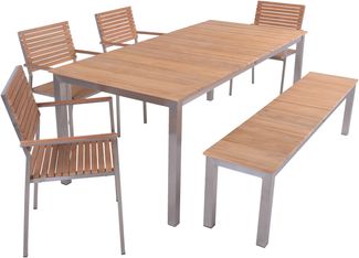 Garten-Sitzgruppe STINA 6-tlg. - Teak, Hellbraun, Bank ohne Lehne | Gartenmöbel-Set Gartengarnitur Garten-Essgruppe mit Stühlen und Esstisch