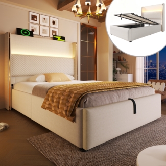 Merax Polsterbett, 90x200cm Einzelbett, Modernes Hydraulisches Bett mit Hohem Kopfteil, mit LED-Beleuchtung, Stauraum & USB/Type-C-Anschlüssen, in Leinen Optik Beige
