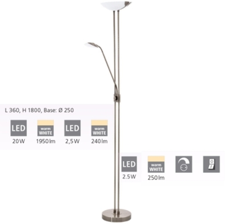 Eglo 93876 LED Standfluter Stehleuchte BAYA 20W; 2,5W; 2,5W Stahl brüniert, Glas, Kunststoff weiss, satiniert 3000K L:36cm H:180cm dimmbar mit Drehpotentiometer