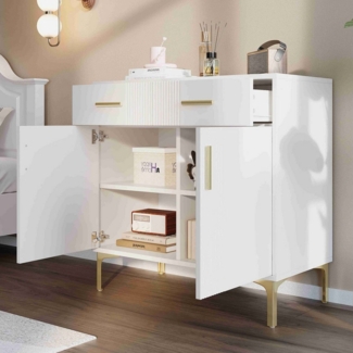 BlingBin Sideboard Moderne Kommode Standschrank (1 St, mit 2 Türen und 2 Schubladen, Goldene Griffe und goldene Füße), B80/D35/H79.5, Weiß, MDF, Flur oder Esszimmer