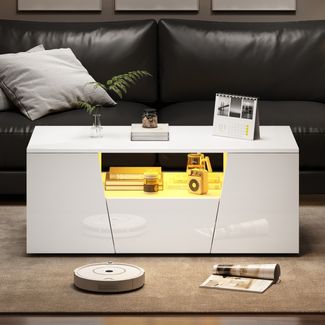 LED-Couchtisch 100 x 50 x 40 cm mit Hochglanzfront, 2 Schränken, 1 Schublade & offenem Ablagefach,Weiß