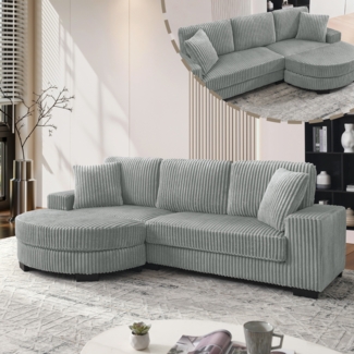 L-förmiges Ecksofa, 4-Sitzer Sofa mit ovalem Hocker, modulares Design inkl. 2 Kissen, geeignet für Wohnzimmer Apartments & Büros, Corduroy, Gray, 256.5 x 133.5 x 89 cm