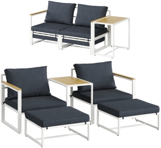 STEELSØN 'Asteri' Gartenlounge-Set, 5-tlg. Metall Sitzgruppe mit 2 Sesseln, 2 Hockern und Tisch, inkl. Polster, weiß/anthrazit