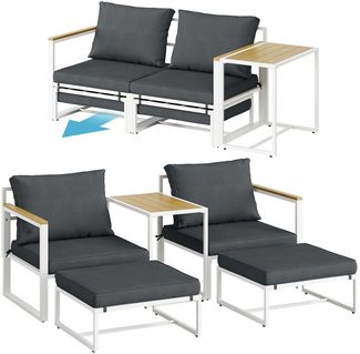 STEELSØN 'Asteri' Gartenlounge-Set, 5-tlg. Metall-Sitzgruppe mit 2 Sesseln, 2 Hockern und Tisch, inkl. Sitzpolster, weiß/anthrazit, wetterfest