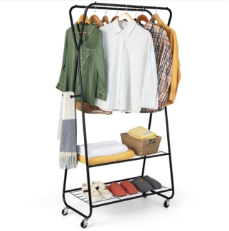 COSTWAY Kleiderständer, mit Rollen, 2 Ablagen, 2 Kleiderstangen, 86 x 45 x 170 cm