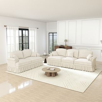 Flieks 2+3 Sitzer Sofagarnitur, Modulares Sofa mit 5 Kissen, abnehmbarem Volant, ausladenden Armlehnen & Holzbeinen, Chenille, Beige