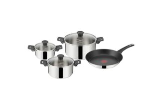 Tefal Topf-Set Bratpfanne Kochtöpfe Deckel alle Herdarten 7-tlg, Edelstahl (Set), Induktion