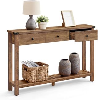 VASAGLE Konsolentisch, Beistelltisch, schmaler Sofatisch, mit 3 Schubladen und Einer Ablage, für Flur, Wohnzimmer, Landhausstil, honigbraun LNT142KB01