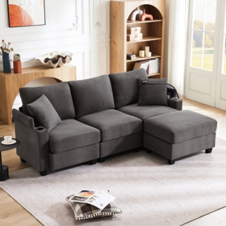 Ecksofa, L-förmiges umwandelbares 3-Sitzer-Sofa mit Fußhocker, Getränkehalter, USB-Ladegerät, Armlehnenablage und 2 Kissen, Stoff, Dunkelgrau