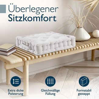 Beautissu Stuhlkissen 2er Set Bodenkissen Sitzkissen Mila, 50x50cm, Natur, Matratzenkissen 10cm, 100% Baumwolle Stuhlkissen Indoor & Outdoor