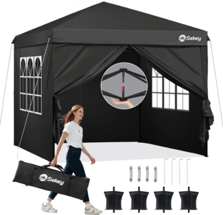 Sekey Premium Pop Up Pavillon 3x3 Wasserdicht Stabil, 3x3 m Pavillon mit Seitenwänden, Faltpavillon Partyzelt Faltbar für Camping Party, Höhe Verstellbar 250-270cm, Schwarz