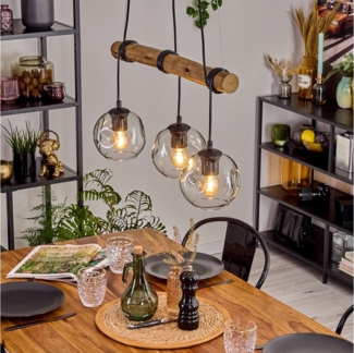 hofstein Pendelleuchte Hängelampe aus Metall/Holz/Glas in Schwarz/Natur/Klar, ohne Leuchtmittel, moderne HängeRetro/Boho mit Glasschirmen (15 cm) und Holzbalken, E27