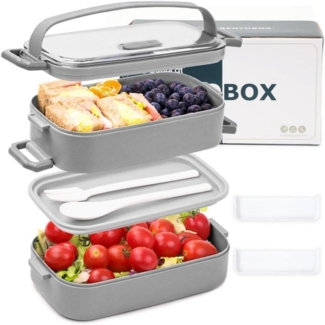 Bugucat Lunchbox 1600ML Bento Box Auslaufsicher Luftdicht Besteckset Grau