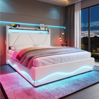 KLAM HOME Polsterbett 140x200 & 160x200 cm mit Lattenrost, USB Type-C Ladefunktion Stauraum mit klappfunktion, Stauraum-Kopfteil