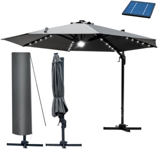 BRAST Alu Sonnenschirm Ampelschirm Ø300cm Grau + LEDs Schützhülle UV-Schutz 50+ wasserabweisend drehbar & höhenverstellbar