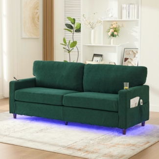 Flieks 2-Sitzer Sofa, 2-Personen Chenille-Sofa mit USB-C, LED-Ambiente, Getränkehaltern und Seitentaschen, Smaragd